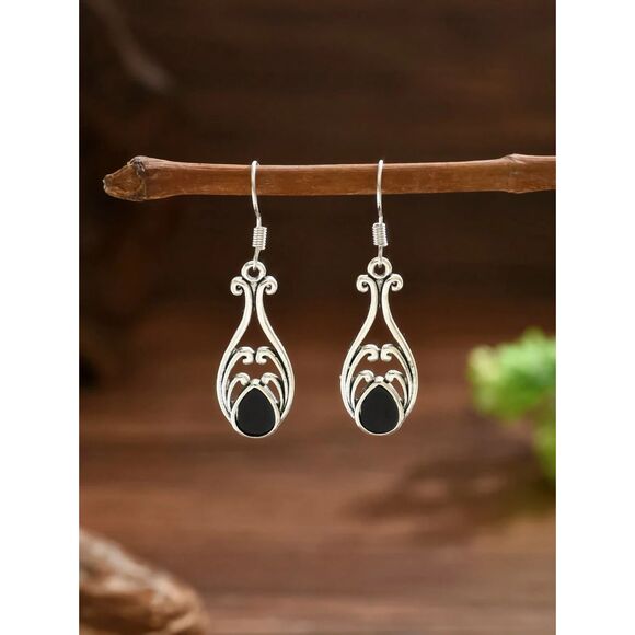 Silvertone Teardrop Dangle Earrings Filigree Black Lapis Inlay Drop French Wire - Picture 2 of 5